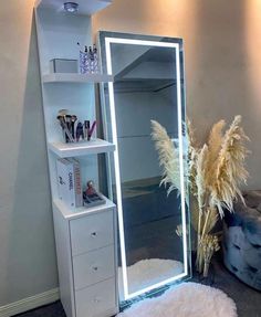 a tall mirror sitting on top of a white shelf