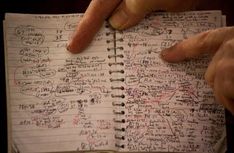 someone is writing on a notebook with lots of handwritten words and numbers in it