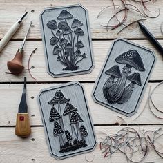 three different types of embroidery designs on wood