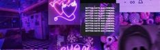 a collage of photos with neon lights and various things in the background that are purple