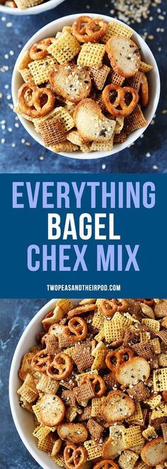 two bowls filled with chex mix and the words everything bagel cheer mix on top