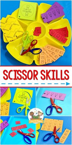 Scissor Skills Printable Worksheets for Preschool Scissor cutting skills activity tray with a tooth theme for preschool, pre-k, and kindergarten. Strengthen fine motor skills with these printables. Sensory Stations, Kids Educational Crafts, Theme For Preschool, Dental Health Preschool, Scissors Skills, Dental Health Activities, Pre K Pages, Community Workers