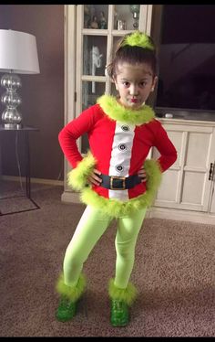 Grinch Dance Costume, Kids Christmas Character Costumes Diy, Grinch Female Costume, Grinch Day Outfit Kids, Whoville Dress Up Day At School, Grinch Day Outfit, Diy Grinch Outfit Kids, The Grinch Diy Costume, Grinch Christmas Outfits