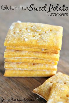 gluten - free sweet potato crackers stacked on top of each other with text overlay