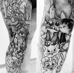 tattoos on the legs of people with cartoon characters and cats in black and white ink