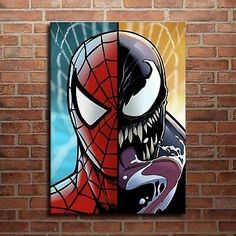 a spiderman painting on a brick wall in front of a brick wall with an image of