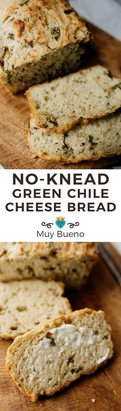 no knead green chile cheese bread on a wooden cutting board with text overlay