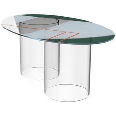 a glass table with an orange line on the top and bottom, sitting in front of a white background