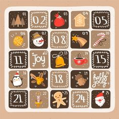 a calendar with christmas items on it and numbers for each month, including the date