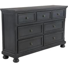 a black dresser with drawers and knobs on the bottom drawer, against a white background