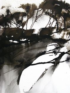 black and white painting with trees in the background