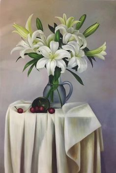 a painting of white lilies in a vase on a table cloth with cherries