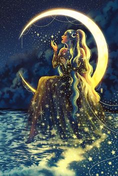 a woman sitting on top of a moon next to the ocean under a night sky