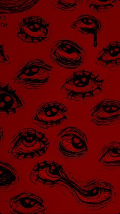 an artistic red background with black and white eyes