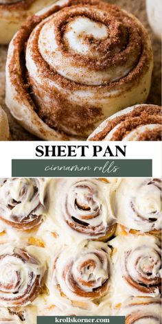 cinnamon rolls with icing on top and the words sheet pan written in white above them