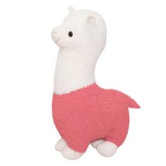 a stuffed alpaca with a pink shirt on it's back and legs