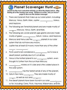 the planets scavenger hunt is shown in this printable worksheet for kids