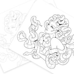 two coloring pages with an image of a woman holding a snake and another drawing in the background