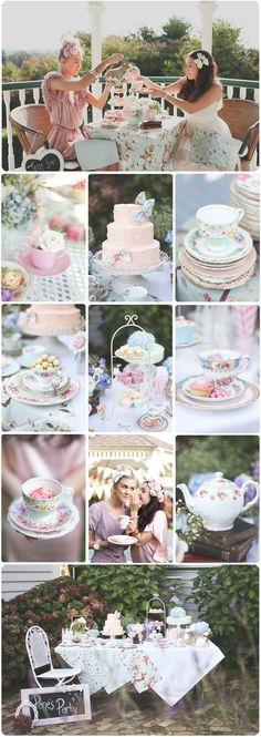 a collage of photos with people sitting at a table and cake on the table