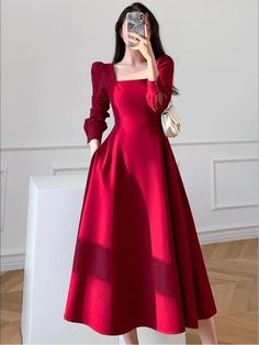 Maroon Frock Design, Red Color Frocks For Women, Korean Fashion Dress Classy Women, Elegant Printed Satin Dress, Satin Frock Design, Simple Dress For Wedding Guest, Elegant Red Dress Aesthetic, Mini Frocks For Women