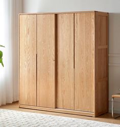 a large wooden cabinet sitting in a living room next to a white rug and potted plant