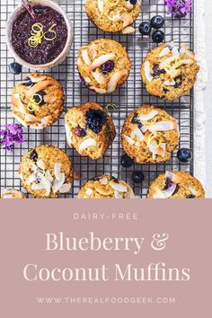 blueberry and coconut muffins on a cooling rack