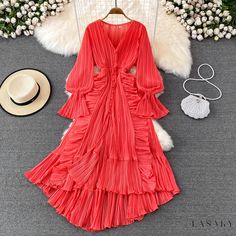 Lasaky - Red Maxi Dress with High-waisted Lotus Leaf Trim for Beachside Holidays and Desert Adventures Red Chiffon, Ruffles Fashion, Lotus Leaf, Red Dress Maxi, Frill Dress, Vestidos Vintage, Pleated Maxi Dress, Puff Sleeve Dresses, Summer Party Dress