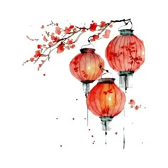 three red lanterns hanging from a tree branch with flowers on it and watercolor paint