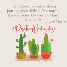 three cactuses with the words, being negative only makes a journey more difficult you may be given a cactus, but you don't have to sit on it