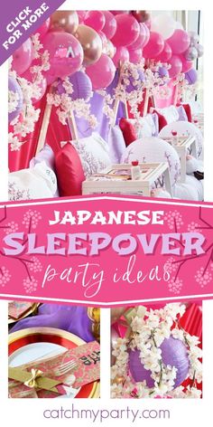 japanese sleepover party ideas with pink and purple balloons, flowers, and other decorations