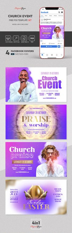 the church event flyer is shown in three different colors