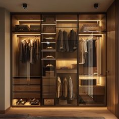 a walk in closet with lots of clothes on shelves and drawers, along with an area rug