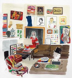 a drawing of a living room filled with furniture and pictures on the wall above it