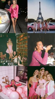 the collage shows photos of women in pink dresses and balloons, including a car