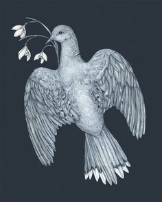 a drawing of a bird with its wings spread and flowers in it's beak