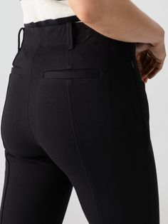 DETAILS Slim Straight Ankle Length Legging Zip Fly and Hook Bar Closure Front and Back Leg Seam Detail Fitted SIZE + FIT Model is 5'9 and is wearing a size S. Waist: 28" Front Rise: 10 1/2" Inseam: 28" Leg Opening: 13 1/2" FABRIC + CARE Self: 49% Rayon 46% Nylon 5% Spandex Contrast: 96% Polyester 4% Spandex Twill Ponte Machine Wash Cold, Lay Flat to Dry Imported High Stretch Black Pants, Versatile Tight Black Pants, Black Fitted Elastane Pants, Versatile Tight Black Bottoms, Tight Black Elastane Pants, High Stretch Black Pants For Spring, Minimal Stretch High Waist Black Pants, Black High Waist Pants With Minimal Stretch, Black Full Length Pants With Minimal Stretch