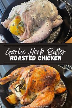 garlic herb butter roasted chicken in a cast iron skillet