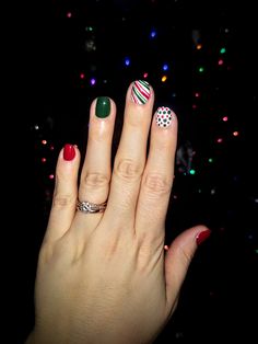 short Christmas nails, stripes, polka dots, red green, white Nails Stripes, Short Christmas Nails, Winter Nails, Christmas Nails, Red Green, Polka Dots, Dots, Stripes, Nails