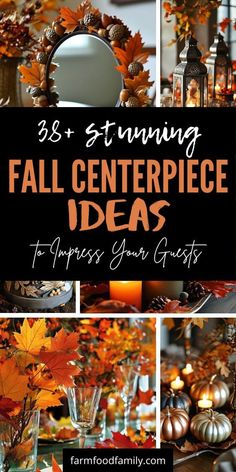 fall centerpieces with candles, pumpkins and leaves