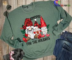 Christmas Gnomes Sweater - Gnome For The Holidays. Cute play on words for home for the holidays. Cozy crewneck sweatshirt to wear for your family Christmas celebrations. This sweatshirt is a super soft combination of cotton and polyester and will keep you warm all winter, and with our super soft dtf durable image this item will last many winters to come. This item is custom made to order in our home shop just for you as soon as your order is placed. --> OUR SWEATERS AND MATERIALS <-- 8 oz., 50% Gnomes Sweater, Words For Home, Gnome For The Holidays, Christmas Gnomes, Sweater Fits, Home For The Holidays, Xmas Holidays, Word Play, Custom Tees