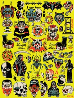 an assortment of skulls and other tattoos on a yellow background with chinese characters in the middle