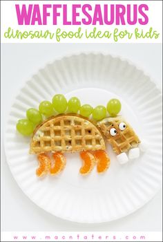 waffles and grapes on a paper plate with the words, wafflesaurs dinosaur food idea for kids