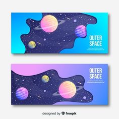 two colorful banners with planets and stars in the sky, on blue and purple background