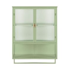 a green cabinet with glass doors on the front and bottom shelves, against a white background