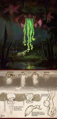 the concept art for an animated movie is shown in two separate sections, one with green and