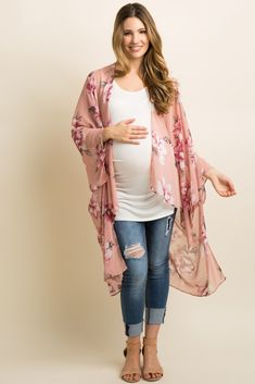 Pink Floral Chiffon Draped Kimono Sheer Cover Up, Fall Maternity, Chiffon Material, Maternity Clothing, Pink Blush Maternity, Baby Mama, Sheer Chiffon, Floral Chiffon, Maternity Fashion