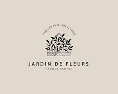 the jardin de fleurs garden centre logo is shown in black and white