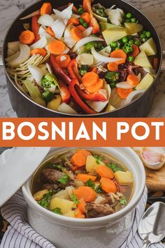 this is a bowl of soup with carrots, potatoes and meat in it that has the words bosonian pot above it