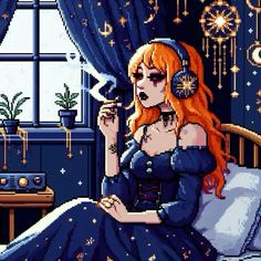 a woman sitting on top of a bed next to a window in a room filled with stars