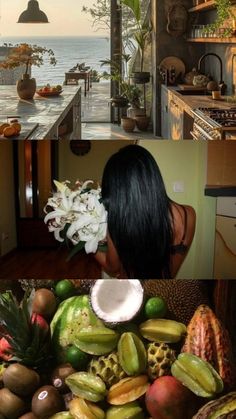 a woman in a kitchen surrounded by fruits and vegetables